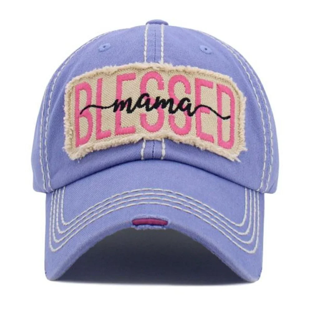 Womens BLESSED Mama Pink Vintage Ballcap Baseball Cap Hat in Distressed Purple